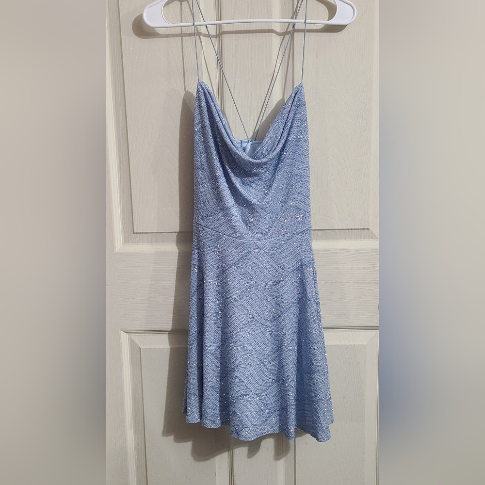 Juniors' B Darlin Glitter Bungee Strap Cowl Neck Skater Dress Lite Blue Sz 11/12